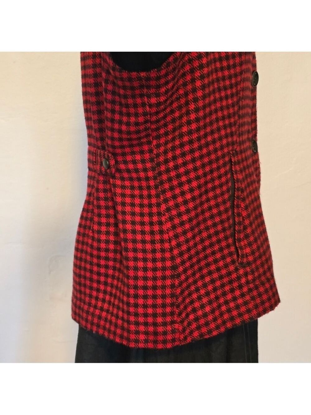 Vintage Women's Red Buffalo Check Fitted Wool Blend Vest wirh Pockets Size L - Picture 6 of 10
